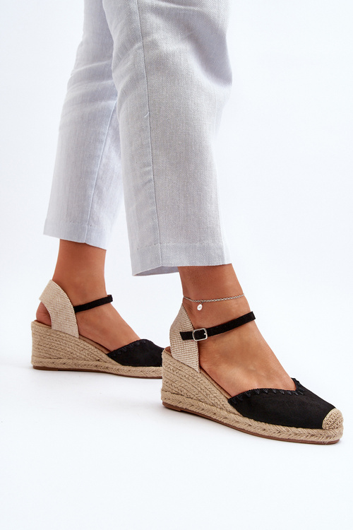 Замшеві босоніжки еспадрільї на танкетці та плетеній плетеній лінії Raylin чорного кольору