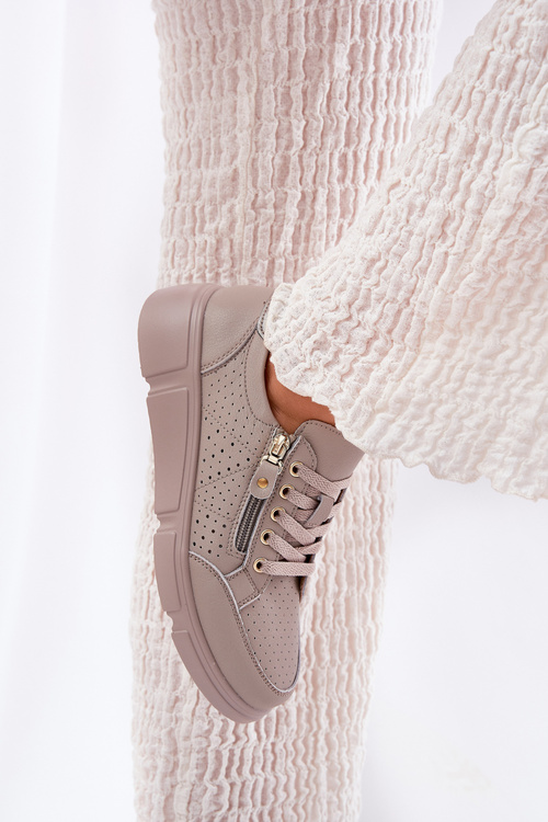 Шкіряне Спортивне Взуття Кросівки На Платформі З Блискавкою Vinceza 88019 Темно-бежеві