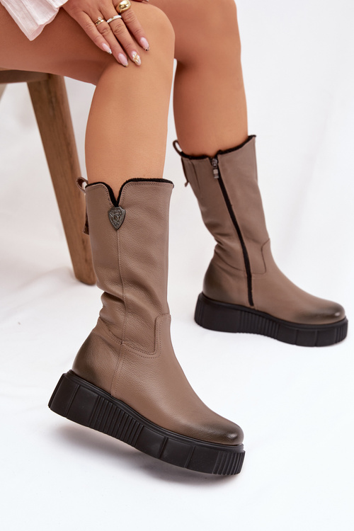 Zazoo 70121 Шкіряні Жіночі Чоботи З Вовною Темно Бежеві