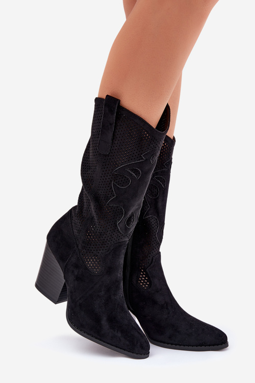 Перфоровані Ковбойські Чоботи На Каблуку Чорні S.Barski HY51-606