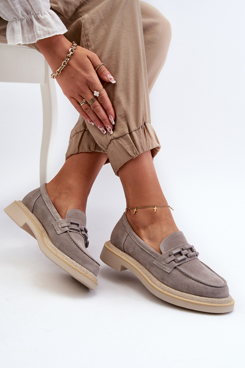 Жіночі замшеві мокасини на плоскій каблуці з декором D&A TW101 сірі