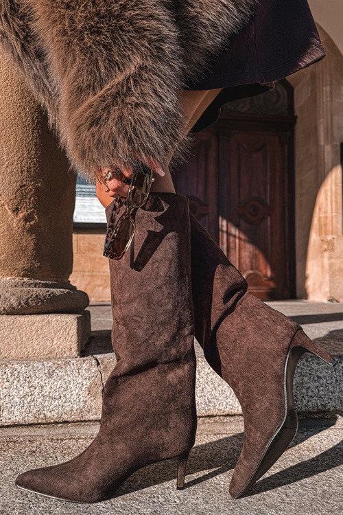 Жіночі чоботи з еко замшу Застібка на підборах Шоколадні Phelin