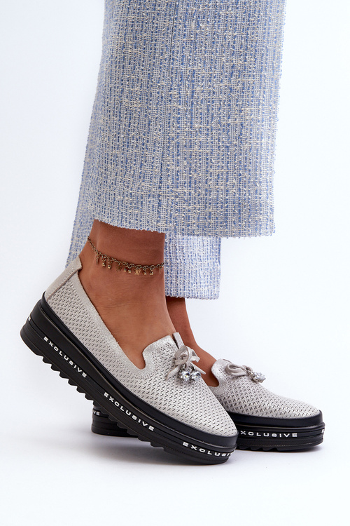 Блискучі жіночі шкіряні лофери на платформі S.Barski LR400 Silver