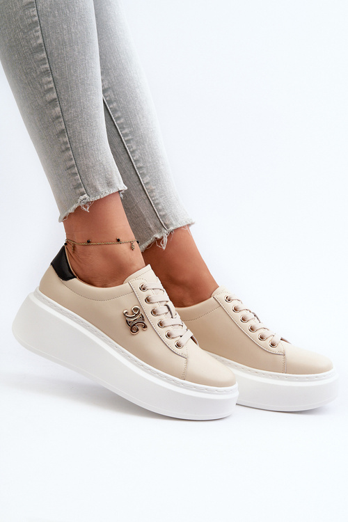 Бежеві жіночі шкіряні кросівки на платформі Pernalia
