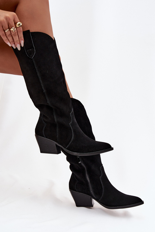 Шкіряні замшеві жіночі черевики козаки утеплені чорні Urselle