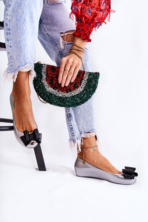 Жіночі гумові балерини з бантом, срібна квіточка