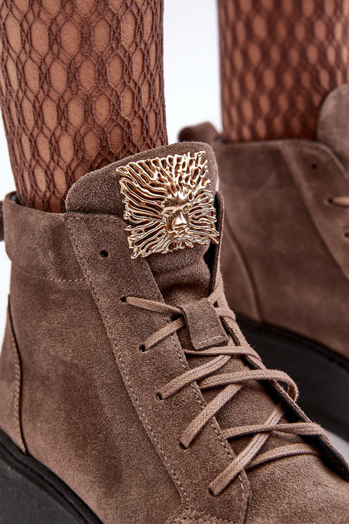 Жіночі чоботи на шнурівці з шкіряним орнаментом темно-бежеві Nicole 2833