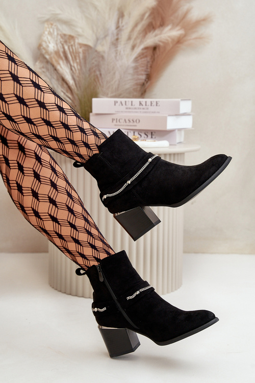 Теплі жіночі ботильйони на підборах з ланцюжком Еко Замша Чорні Hanalen
