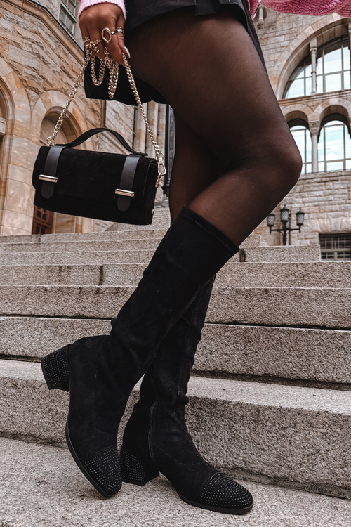 Жіночі чоботи з оздобленням на блоці еко замша Чорний Ivanna