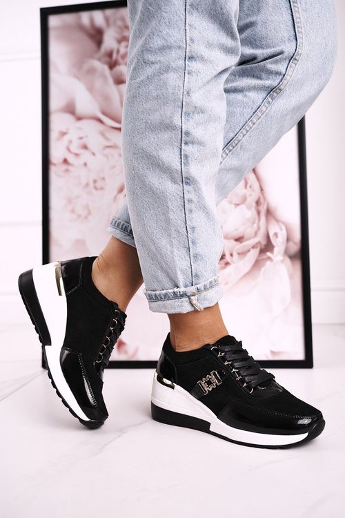 Жіночі шкіряні кросівки на танкетці чорного золота Roxette