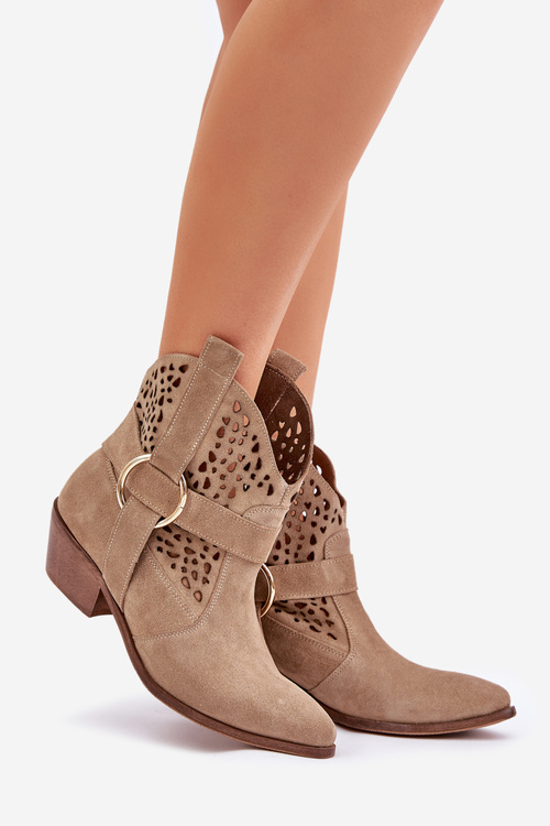 Замшеві Чоботи Ковбоя З Вирізами На Каблуці Бежеві Зазу 2994