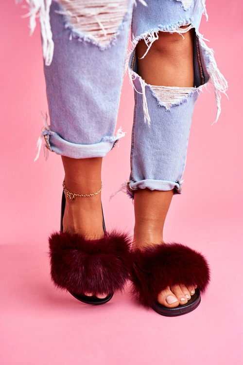 Жіночі шльопанці з натуральним хутром Темно-червоні Naturis