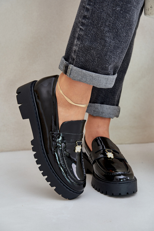 Лаковані Жіночі Мокасини З Ведмедиком Чорні Wulinea