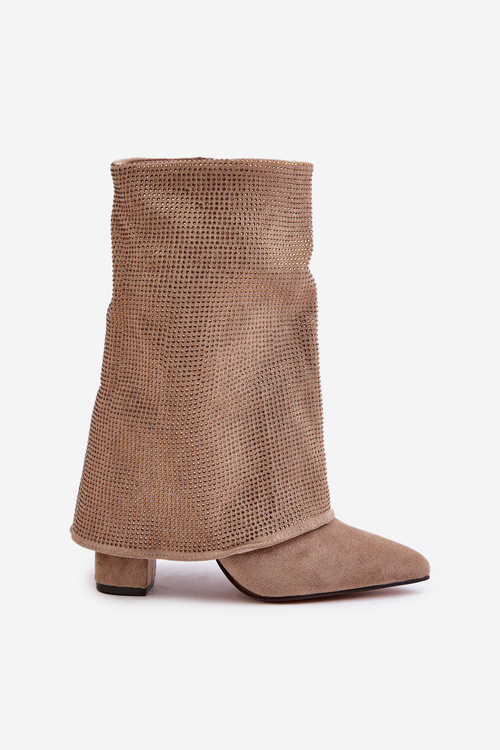 Декоровані блискучі ботильйони з точеним носком на каблуці, утеплені, бежевого кольору Xistaria