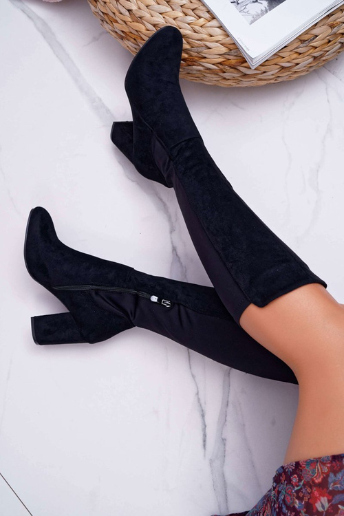 Жіночі чоботи на шпильці замшеві з лайкрою чорні машини