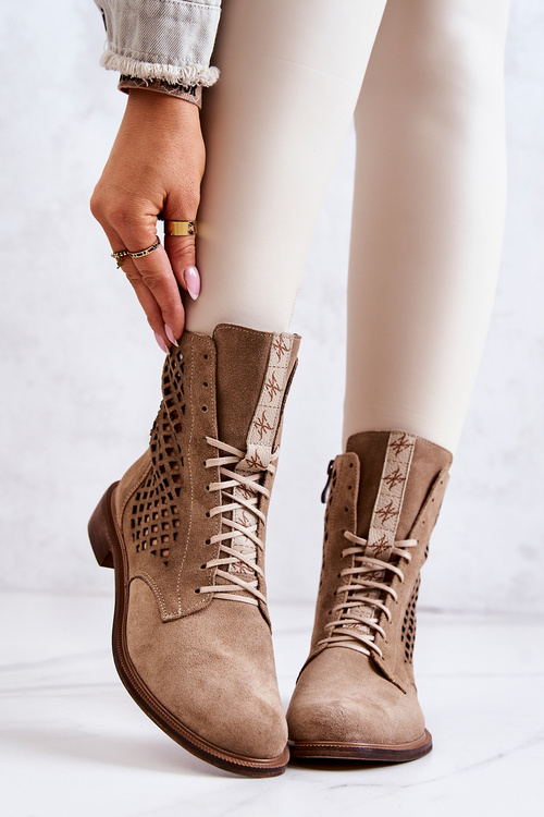 Ажурні замшеві чоботи з підв'язкою Nicole Beige 2696