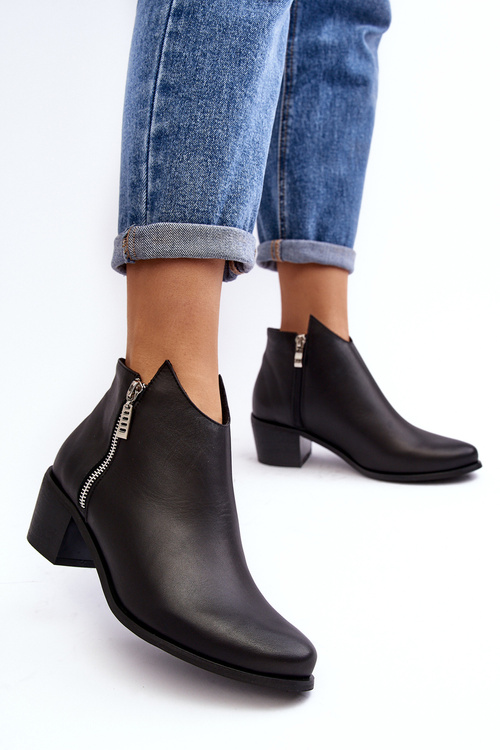 Чорні шкіряні жіночі ботильйони з низькими халявами та блискавками Annaja