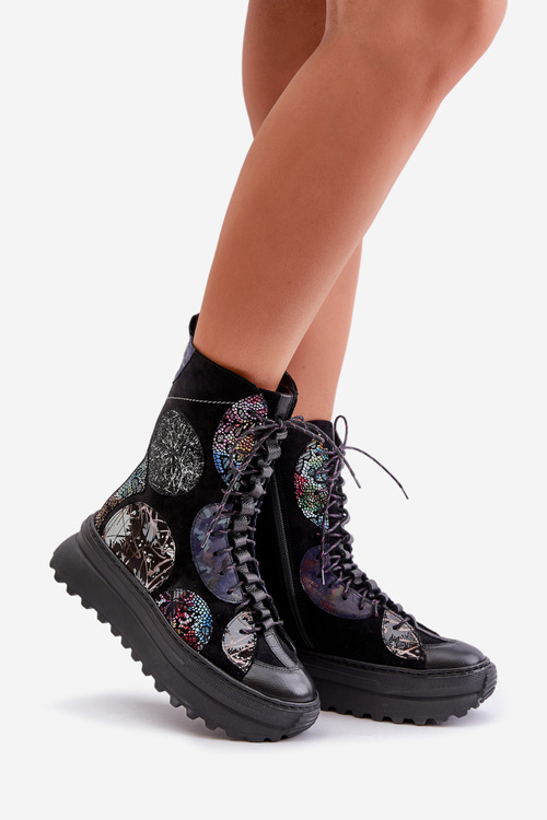 Шкіряні замшеві ботильйони на платформі Теплі чорні 06565-01