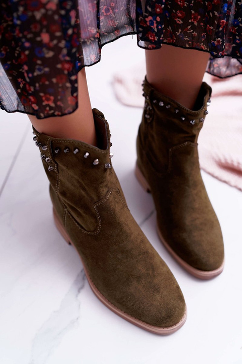 Жіночі чоботи на шпильці Плоский каблук Утеплені за щиколотку Оливкові деміні