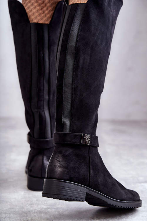 Жіночі замшеві чоботи на плоскій підошві Чорні Henrike