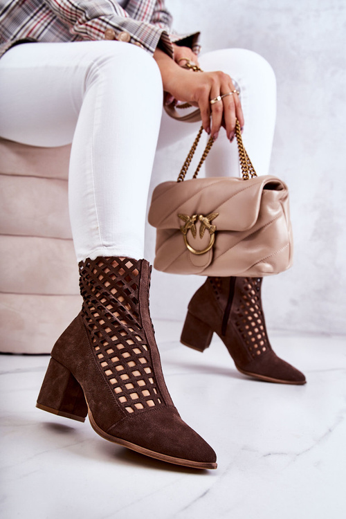 Замшеві ажурні чоботи на підборах Ніколь 2638 Темно-коричневі