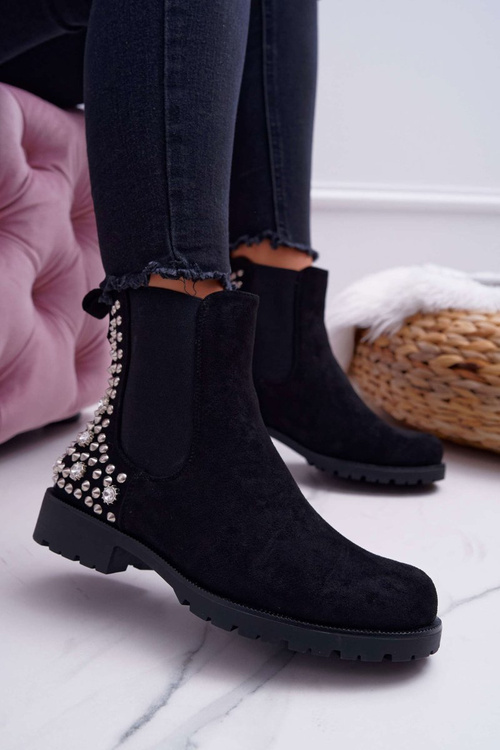 Жіночі чоботи на плоскій підошві, металеві шпильки, чорні бінарні