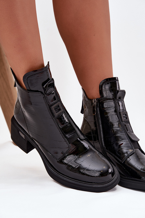 Лаковані шкіряні жіночі ботильйони з тисненням на блок Чорний Lorenza