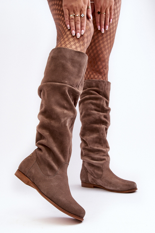 Жіночі замшеві чоботи до коліна Maciejka 05790-04 Бежеві