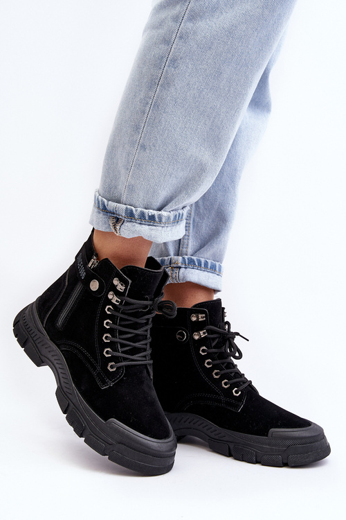 Жіночі ботильйони зі шнурівкою на підкладці зі штучної замші чорні Jailina