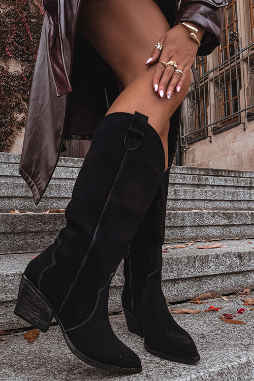 Шкіряні замшеві жіночі черевики козаки утеплені чорні Urselle