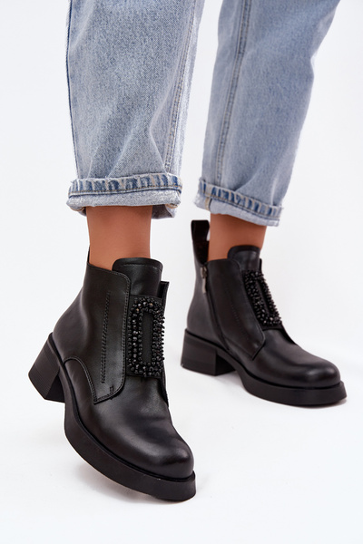 Шкіряні жіночі ботильйони на каблуці з оздобленням D і JC52-869 Чорні