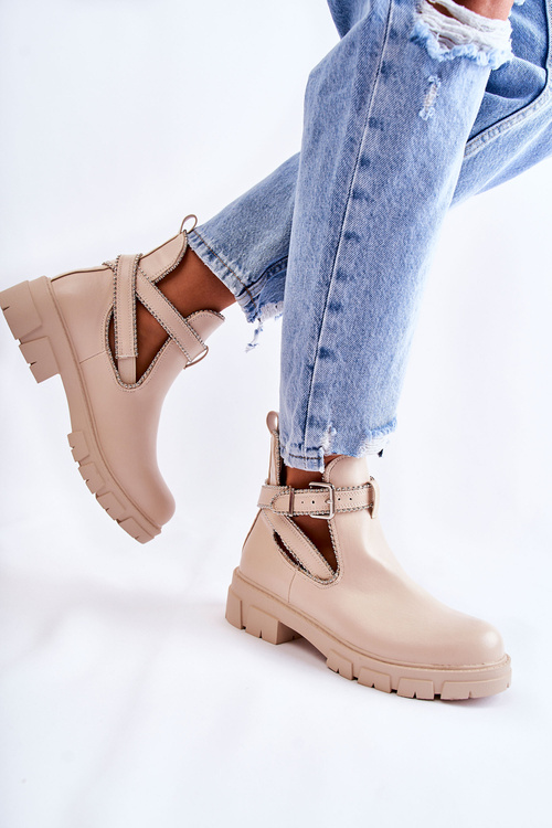 Жіночі шкіряні чоботи на шпильці, бежевий бордюр