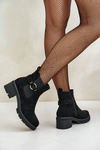 Жіночі утеплені ботильйони на каблуці та золотистих деталях із еко-замші, чорного кольору