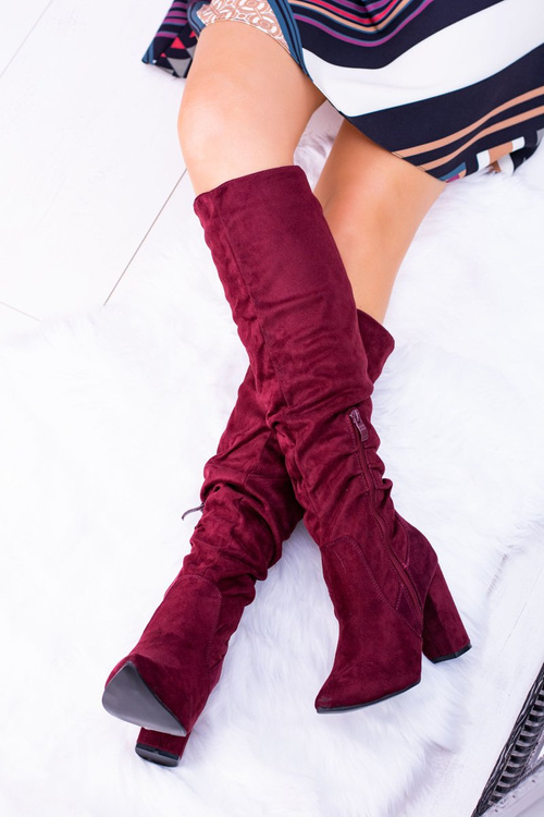Жіночі замшеві чоботи на гострому каблуці темно-бордового кольору Nightcall