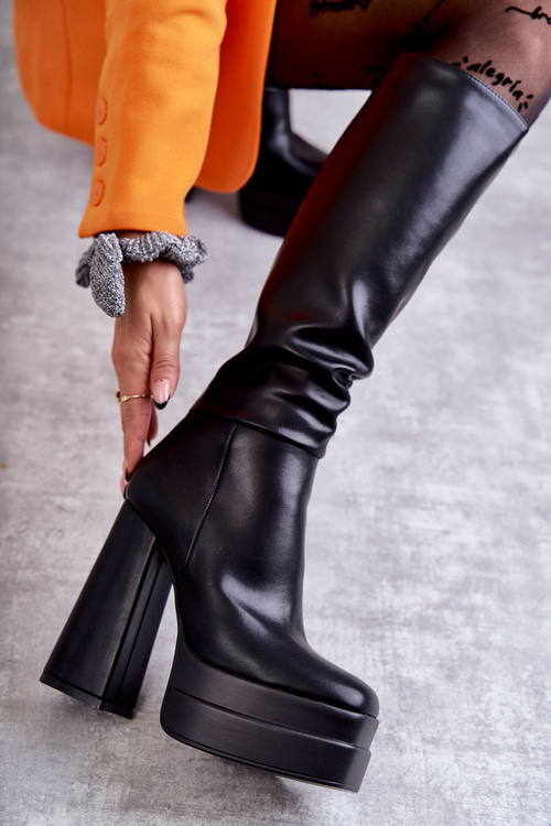 Модні шкіряні черевики на масивних підборах Чорні Meggie