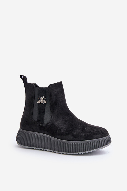 Жіночі ботильйони без шнурівки на платформі з декоративною екозамшею чорні Ciatheia