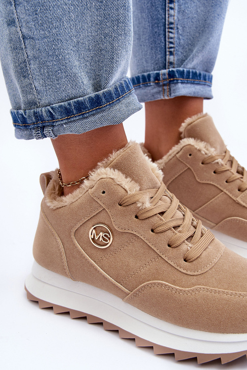 Шкіряне спортивне взуття на платформі з утеплювачем темно-бежевого кольору Adite