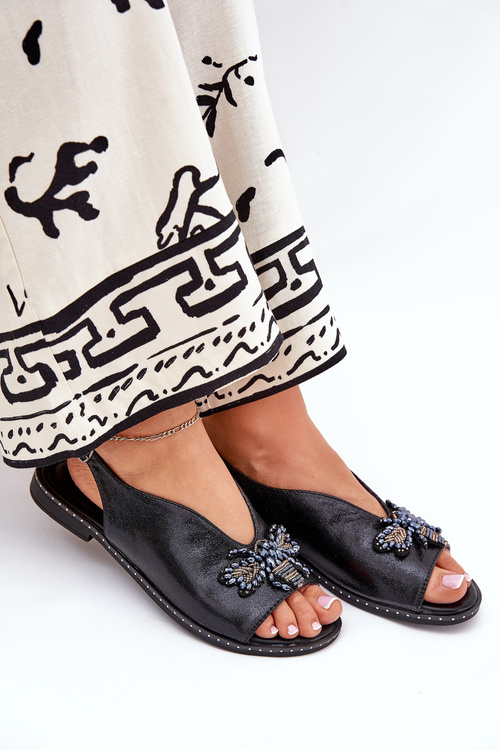 Блискучі Жіночі Сандалі З Декорацією Плоскі Чорні Russona