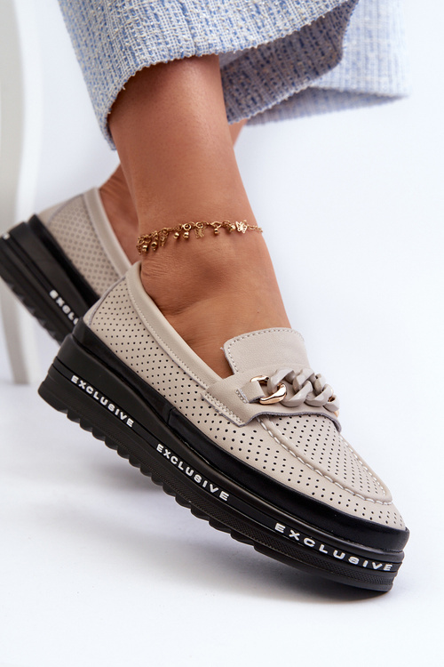 Жіночі шкіряні лофери на платформі з ланцюжком S.Barski LR618 Бежеві