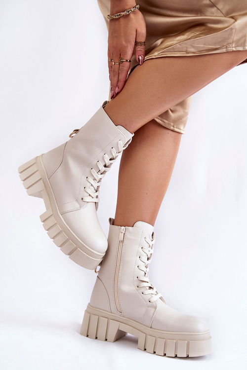 Шкіряні утеплені черевики на платформі світло-бежеві Telisa