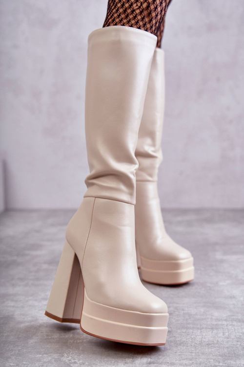 Модні шкіряні чоботи на масивному каблуці бежеві Meggie