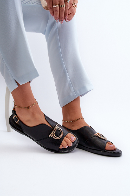 Жіночі босоніжки на плоскій підошві з золотим орнаментом Vinceza 17319 Чорні