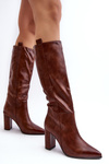 Жіночі чоботи вище коліна на підкладці з блоковим каблуком коричневого кольору Genzani
