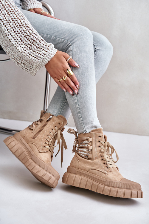 Чоботи жіночі на платформі з декоративною шнурівкою Edidda коричневого кольору
