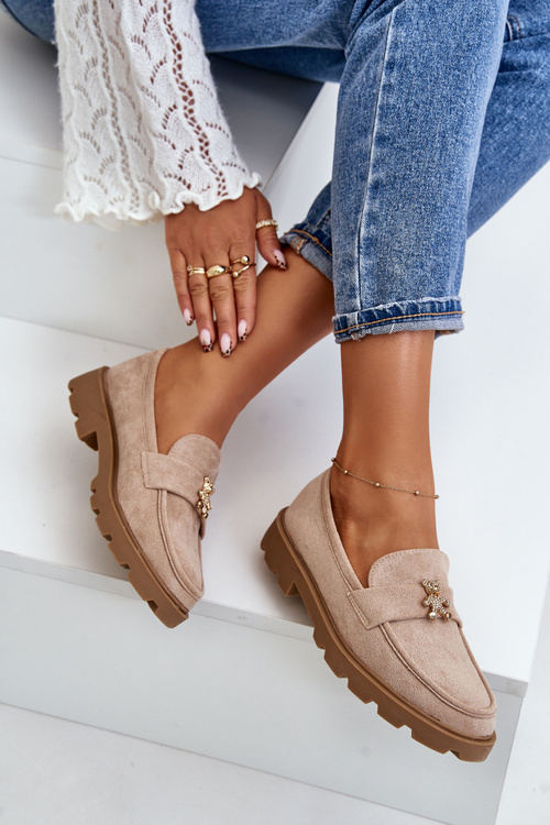 Жіночі еко-замшеві мокасини з ведмедиком бежевого кольору Kaithra