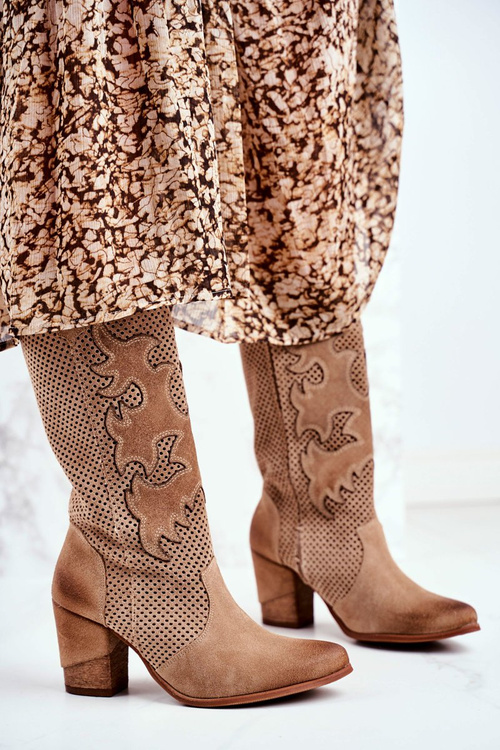 Жіночі чоботи на високому каблуці шкіряні бежеві високі Rosemary