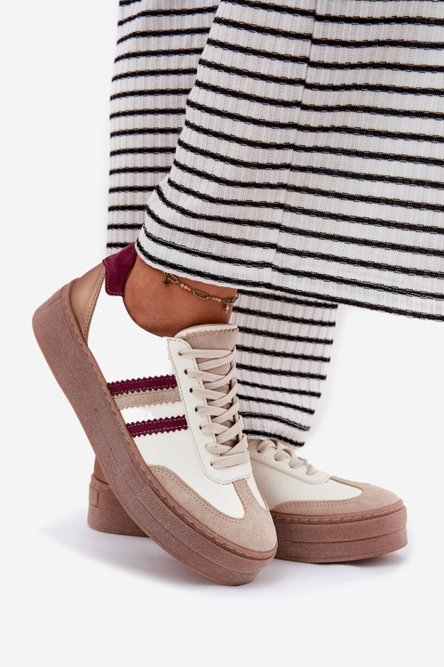 Шкіряні Жіночі Кросівки На Платформі Zazoo N1234 Бежево-Червоні