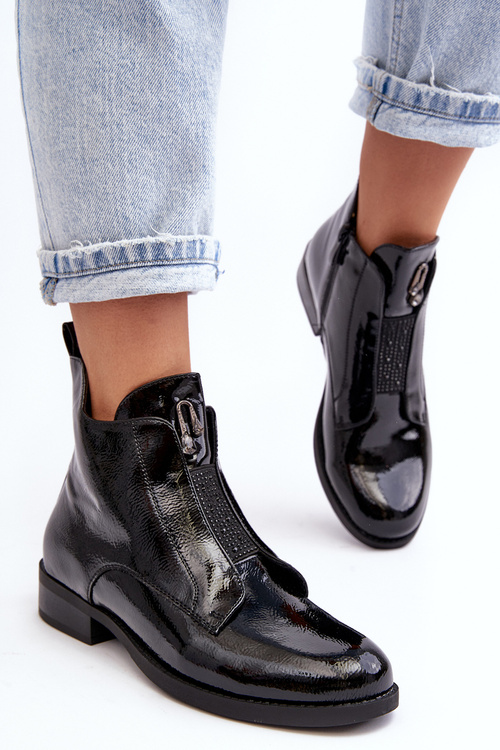 Жіночі глянцеві ботильйони з пухнастою підкладкою на підборах SBarski HY75-120 Чорні