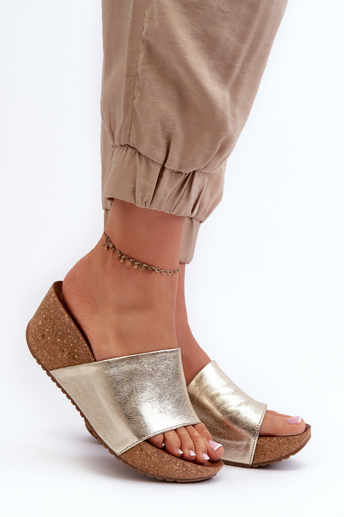 Zazoo 40289 Шкіряні жіночі сабо на пробковій танкетці, золото