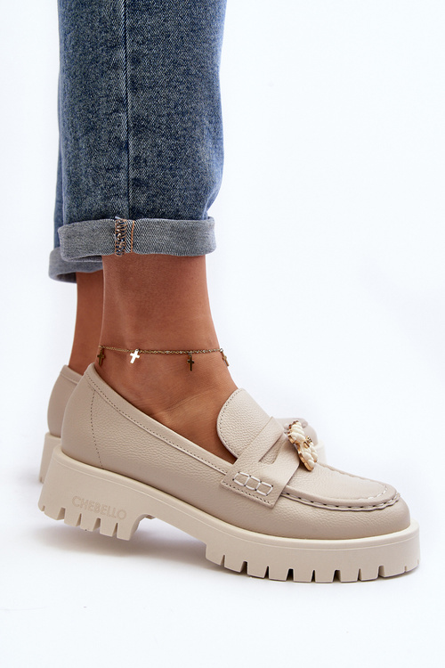 Шкіряні мокасини з ведмедиком CheBello 4291 Світло-бежевий